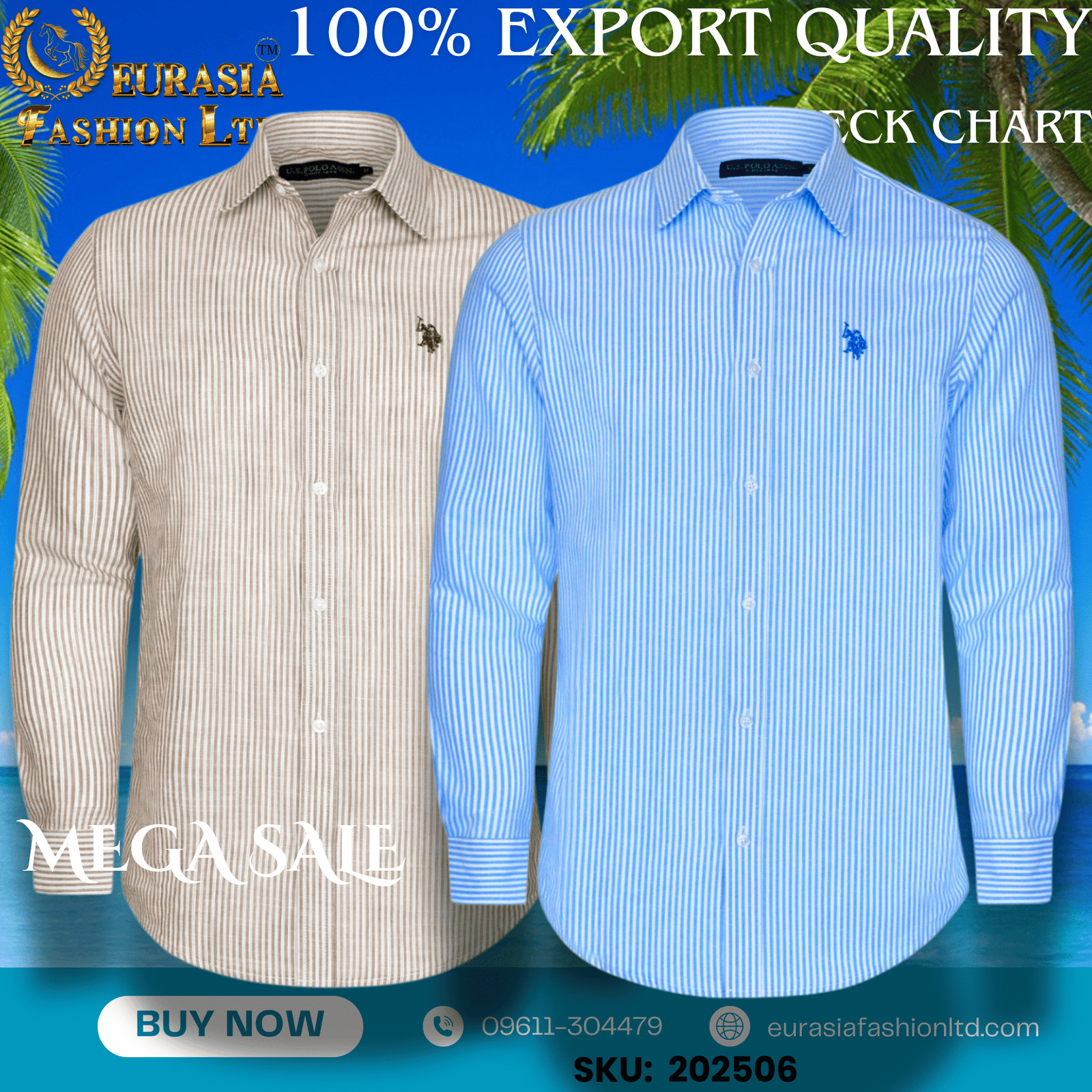 6 100% Export Quality Men's Striped Business Formal Long Sleeve Shirt (EEU) Style Slim Mens Shirt. (2 PCS) - Image 1