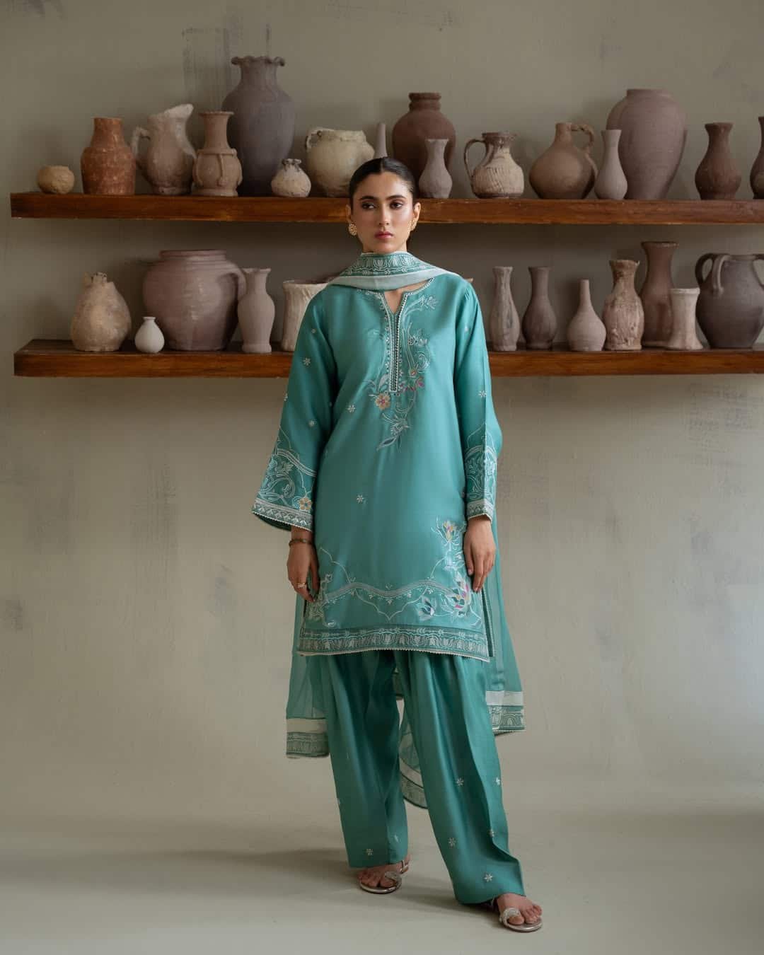 Launching on Saturday, 21st June, 2025 - 6 PM PKTThis three piece ensemble in soft teal blue is (3) PAKISTANI COLETTE TEAL DRESS - Image 1