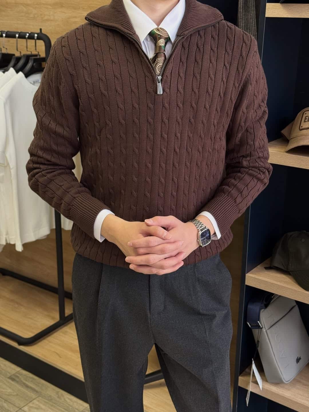 MUSTAFA COLLECTION⠀▪️Свитер-полузамок▪️18.500 ₸▪️Дисконт карта- 15.725 ₸🔻KASPI RED - 🔻KASPI QR Polo Ralph Lauren Cable-Knit Cotton Quarter-Zip Sweater -Coffec - Image 1