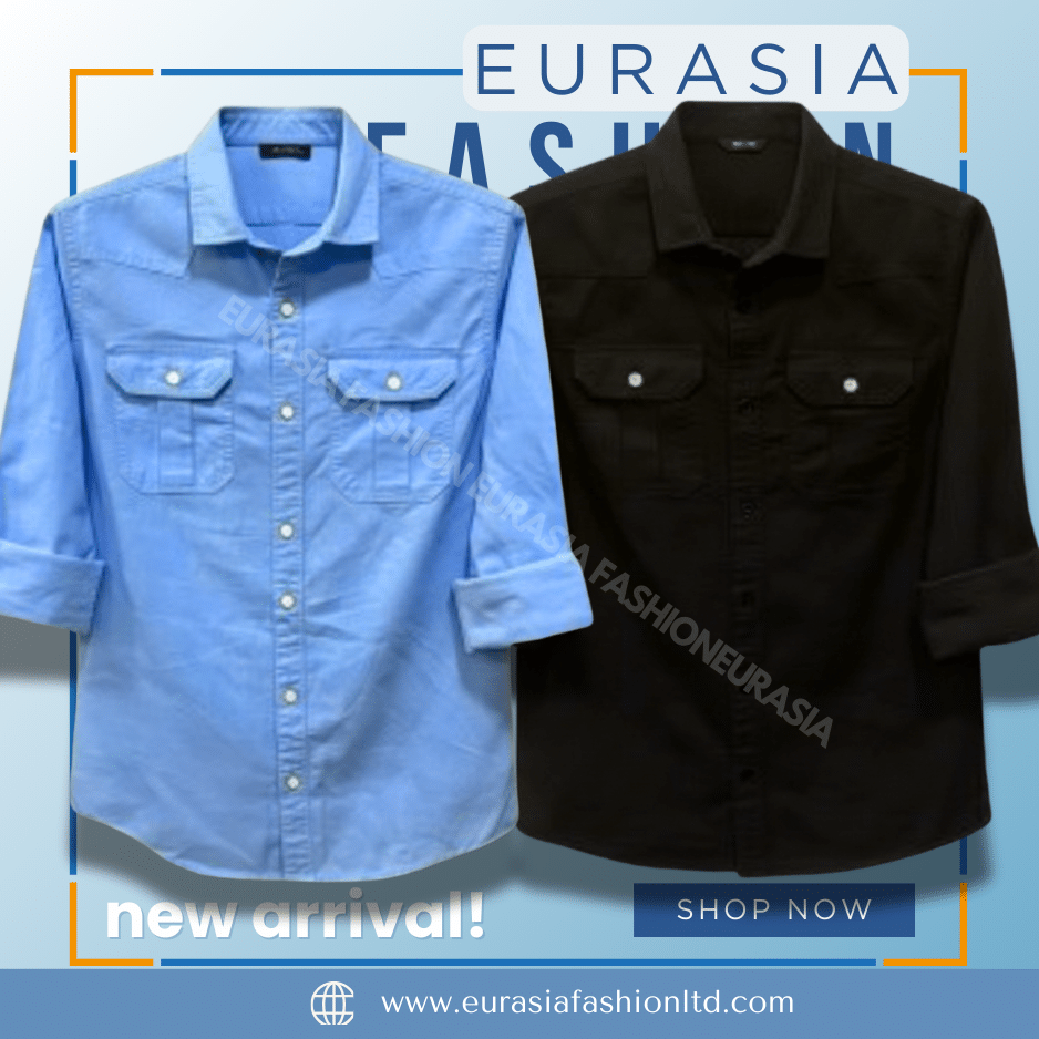 65 2 Pcs Combo Premium Quality Double Poket Shirt - Black & Sky Blue. - Image 1